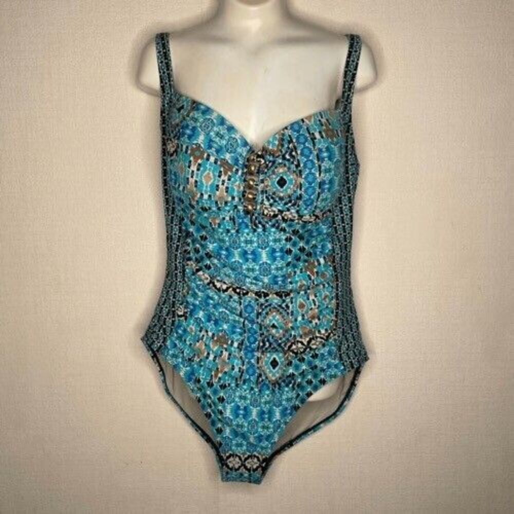 La‎ Blanca Tummy Control Plunge Strappy One Piece Swimsuit Women Size 14 Blue